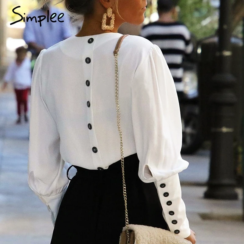 Simplee V neck women blouse shirt Puff sleeve button white blouse Autumn winter lady shirt top Female office chiffon blouse tops Simplee V neck women blouse shirt Puff sleeve button white blouse Autumn winter lady shirt top Female office chiffon blouse tops