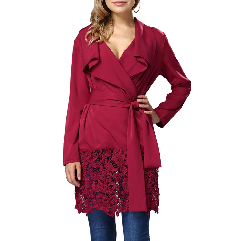 

Women Street Trench Casual Coat Thin Red V collar Lace Mid-long Outwears Natural Loose Trench Coats