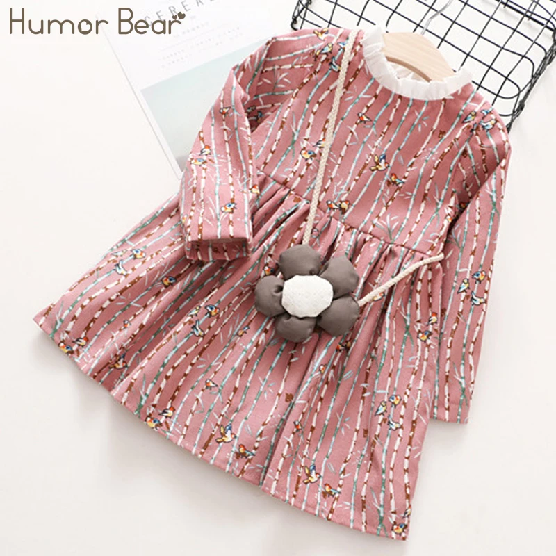 Humor Bear Children Clothes 2018 Autumn Girls Dress Stripe Cartoon Flowers bag Design font b Baby