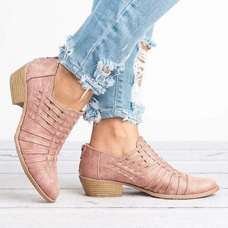 

MoneRffi Platform Thick Heels Ankle Women's Boots Autumn Pointed Toe Hollow Out Zipper Clog Shoes Woman Fashion Footwear Ladies