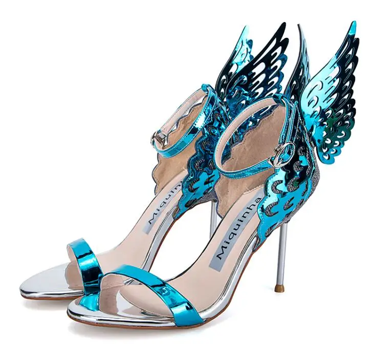 Summer Hotsale Women Fashion One Strap Butterfly Design High Heel Sandals Blue Patent Stiletto Heel Sandals Dress Shoes