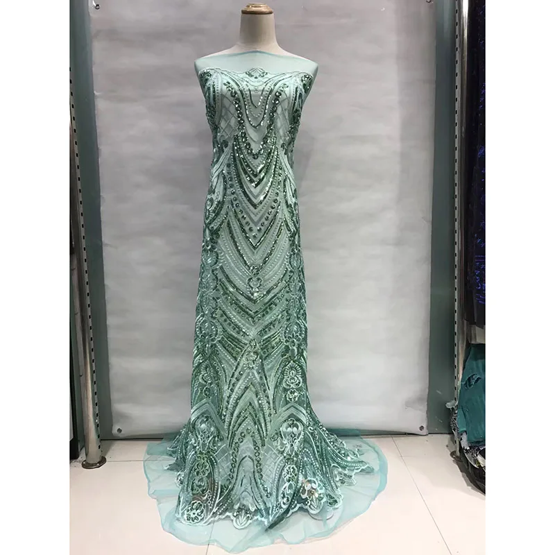

African French Lace Fabric with sequins 2018 High Quality African Tulle Lace Fabric with sequins Teal green sequin lace fabric