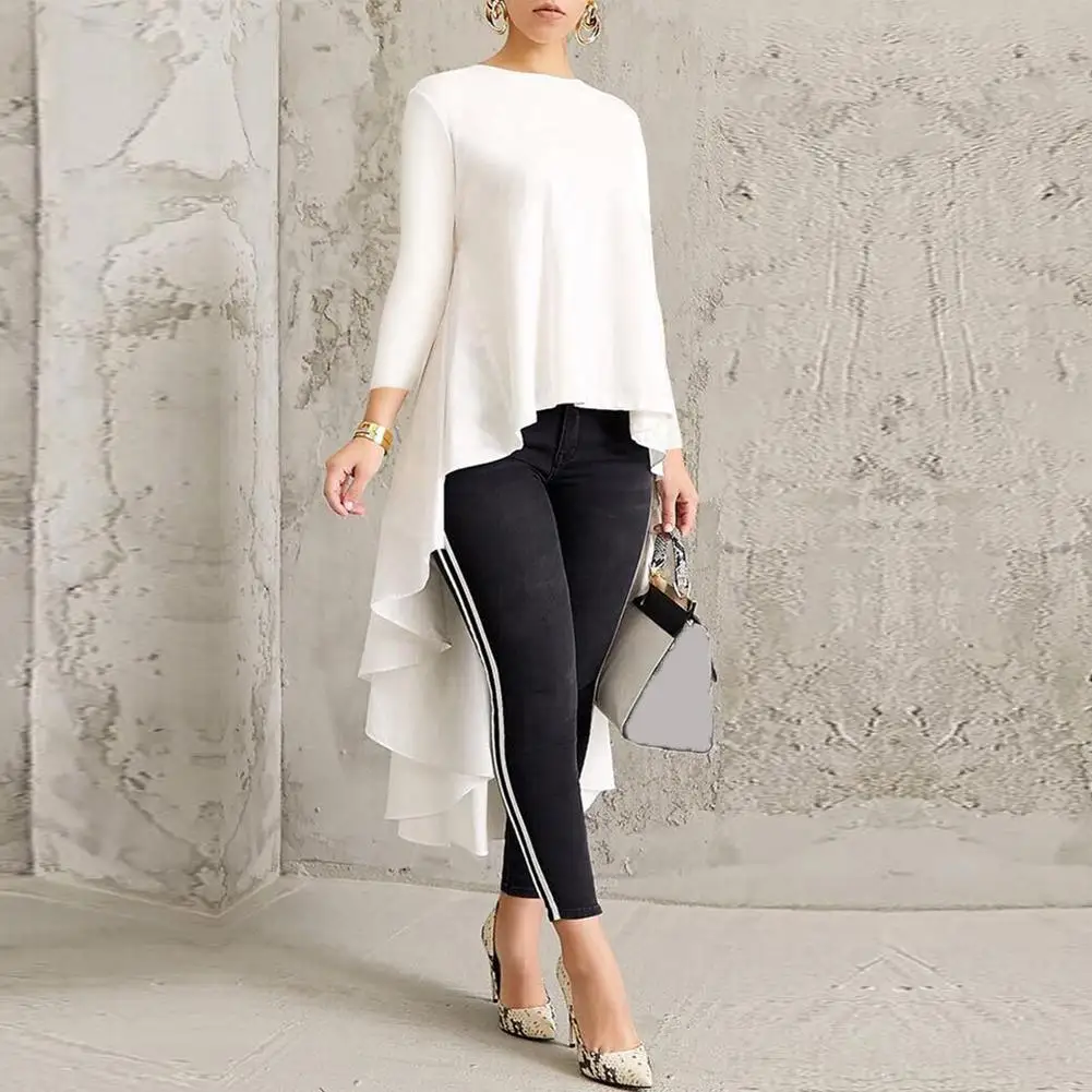 

Solid Color Casual Women Front Short Back Long 3/4 Sleeve Round Neck blouse Top