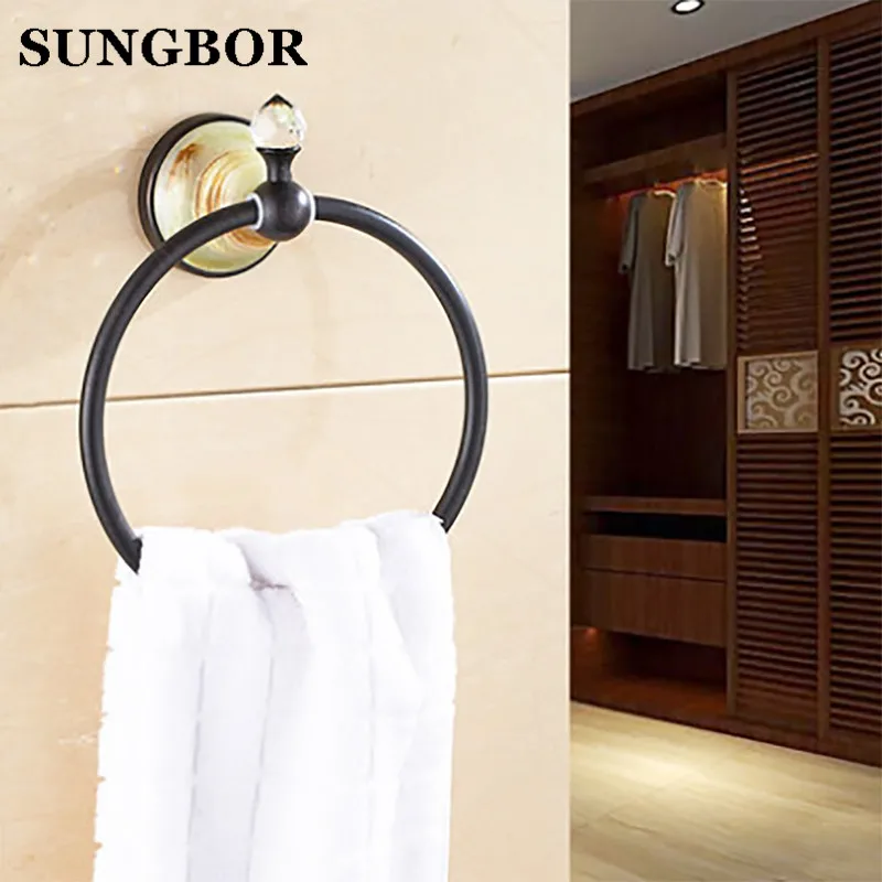 Bathroom Black brass Towel Ring holder Brass Copper gold with jade