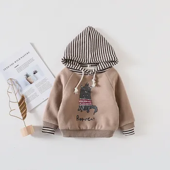 

Cartoon Cat Print Baby Warm Hoodies Striped Hooded Infant Cotton Winter Plus Velvet Outwear Long Sleeve Fashion Kids Sweatshirts