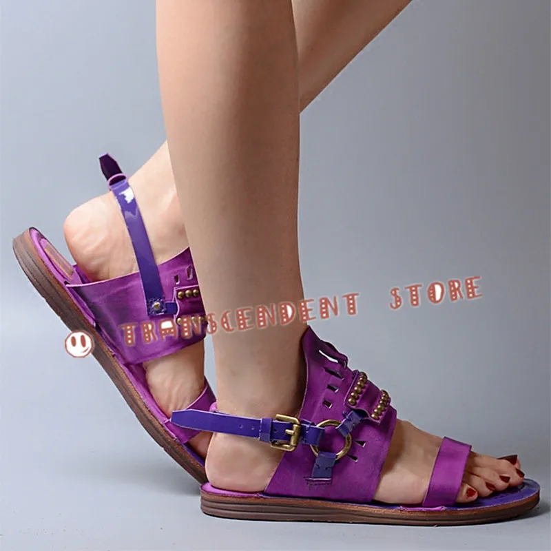 

Brush Color Retro Design Fashion Gladiator Sandals Handmade Buckle Strap Rivet Hollow Out Summer Flats Purple Black Women Shoes