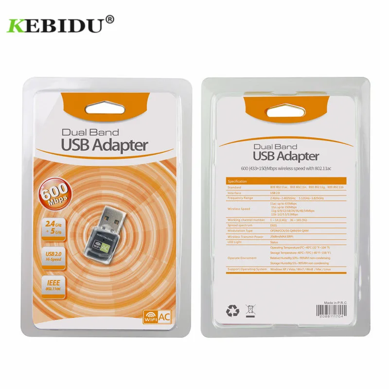 Kebidu AC 600 Мбит/с USB Антенна 802.11n Wi-Fi антенна на большие расстояния 2,4 ГГц+ 5 ГГц Wi Fi приемник сетевая карта Бесплатный драйвер RTL8811AU