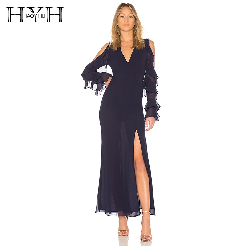 HYH HAOYIHUI 2018 Women Ankle Length Dress V Neck Off Shoulder Long Sleeve Solid Ruffles Slit Spring Sexy Female | Женская одежда