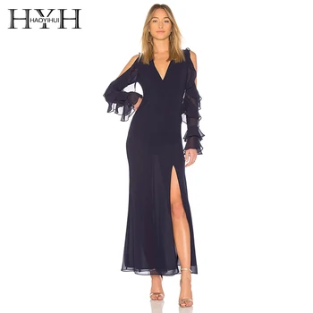 

HYH HAOYIHUI 2018 Women Ankle Length Dress V Neck Off Shoulder Long Sleeve Solid Ruffles Slit Spring Sexy Female Dress