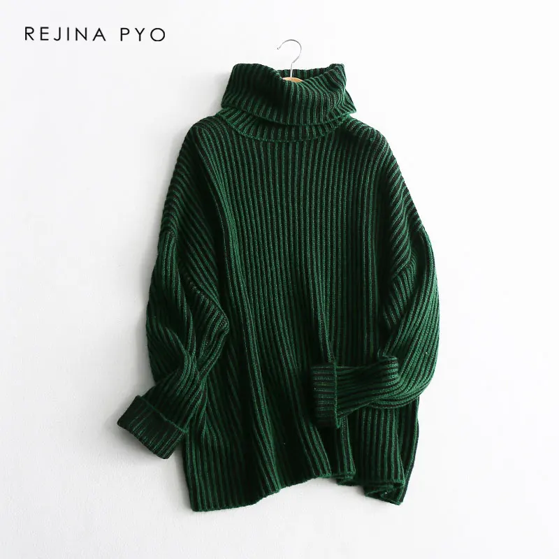 

REJINAPYO Women High Quality Chic Contrast Color Striped Solid Knitted Sweater Pullovers Turtleneck 2019 Spring New Arrival