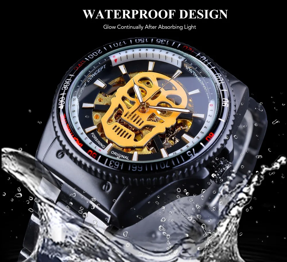 Модный бренд Winner мужской стимпанк Череп Авто механические часы черный нержавеющая сталь Скелет циферблат классный дизайн наручные часы