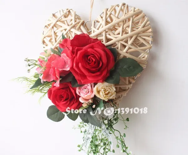 Ротанг в форме сердца Роза гирлянда дверь украшения Свадебный цветок Шелковый венок украшение стены