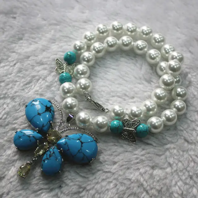 

wholesale lady's nice design 10mm shell pearl match turquoise butterfly 18" pendant necklace ##a #a