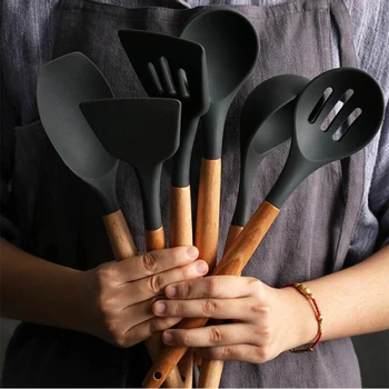 

Sale 8 Types Black Silicone Wood Spatula Heat-resistant Soup Spoon Non-stick Special Cooking Shovel For Kitchen Tools 10100C