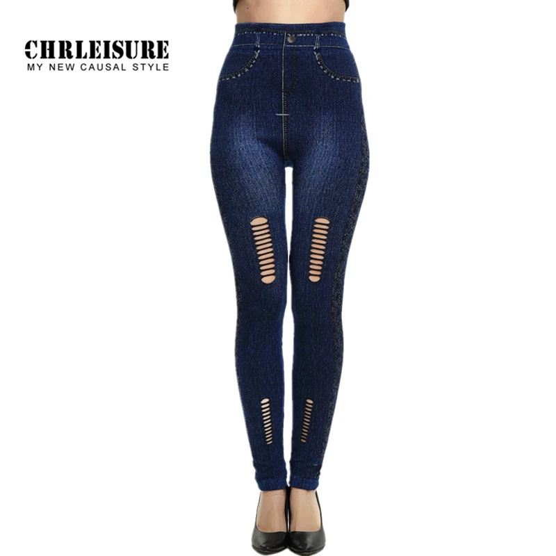 

6 Styles Jeans Leggings For Women Seamless Cotton Pants Trousers Elastic Waist Leopard Flowers Hollow Fashion Denim Leggings