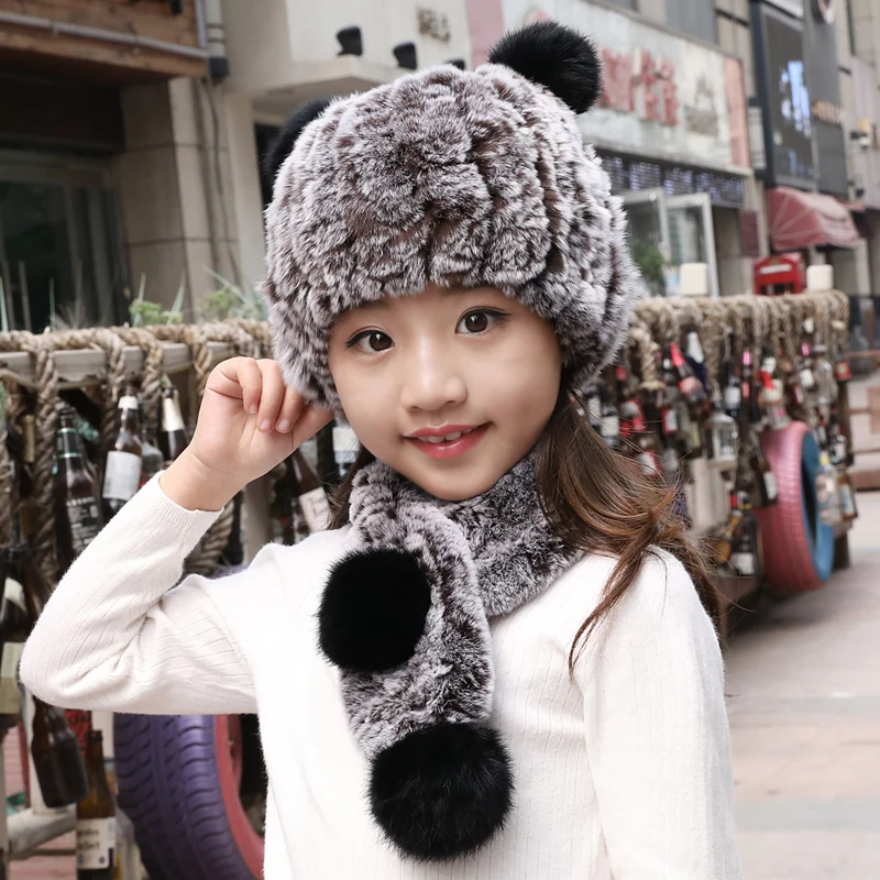 

sheernuo Child rex rabbit fur scarf fur hat winter girl warm add thick boy cute fur fur ear cap child