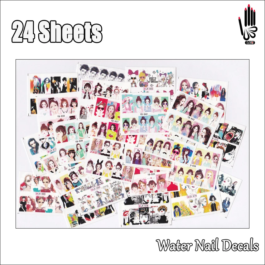 

Nail 24Sheets/Lot Mixed 24 Designs Full Cover Colorful Cute Girl Nail Art Water Sticker Decal For Nail Art Decoration 24-14