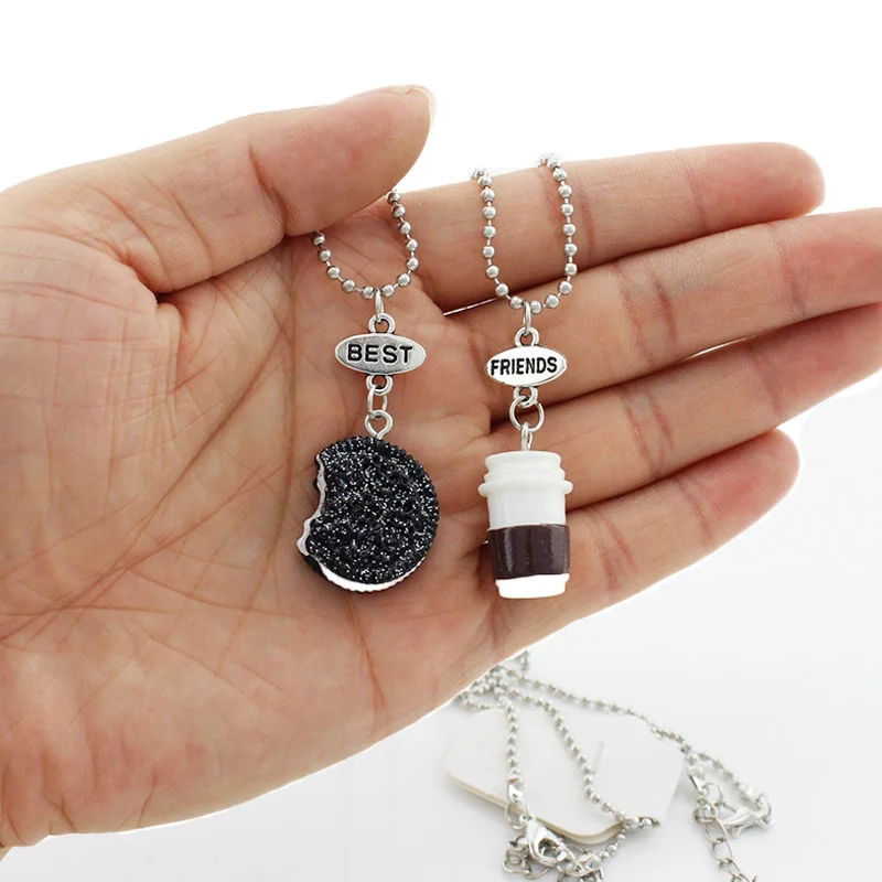 

TAFREE BEST FRIENDS Cookie And Coffee Pendant Necklace With Bead Chain 2pcs/set Kawaii Friendship Miniature Food Besties Jewelry