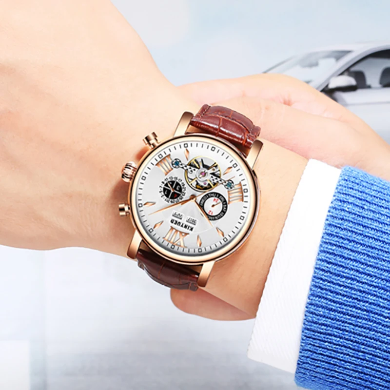 KINYUED автоматические механические часы для мужчин Tourbillon вечный календарь Скелет