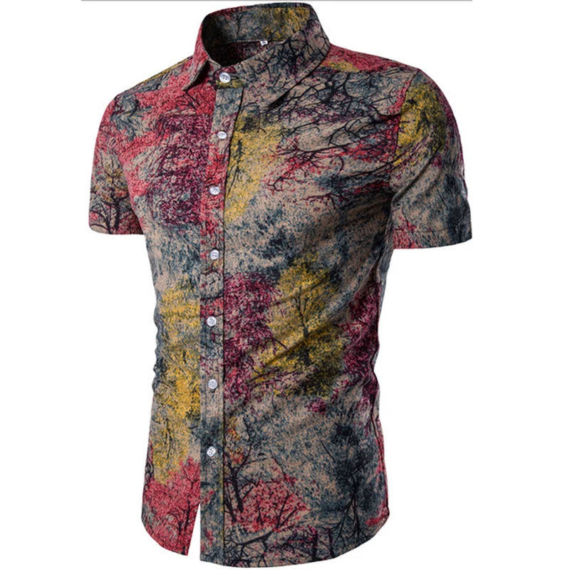 

2019 Summer New Fashion Printed Mens Casual Short-sleeved Shirt Mens Dress Shirts Fine Linen Cotton