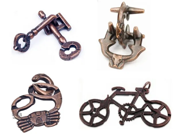 

4PCS/ Set Bronze Color Metal Cast Puzzles Brain Teasers Game for Adults Kids TC Toy