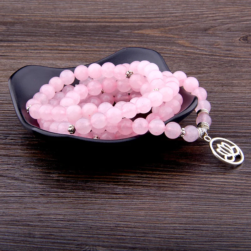 Горячая распродажа 108 розовый браслет с натуральным кристаллом кварца мала для женщин Йога ювелирные изделия буддийское ожерелье розовый кварц Йога браслет с цветком лотоса
