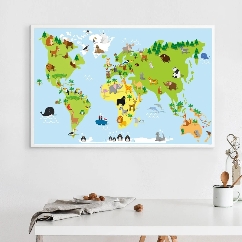 Funny cartoon world map with animals wall art prints