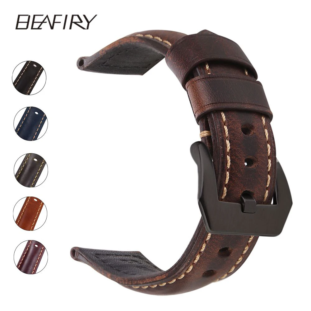 

BEAFIRY Genuine Leather Watch Band 20 22 24mm Dark Brown Light Brown Wine Red black grey Oil tanned Natural Crack Leather straps