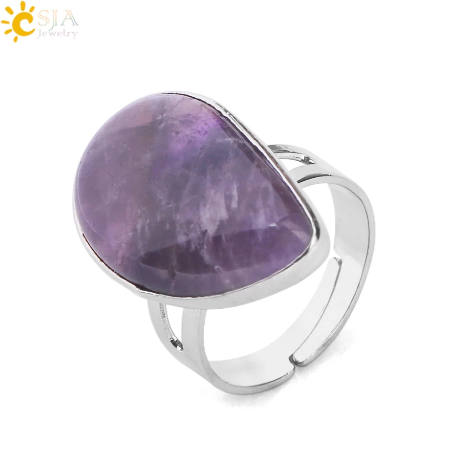 

CSJA Reiki Healing Natural Stone Water Drop Rings for Women Mens Finger Ring Purple Pink Quartz Tiger Eye Wedding Jewellery E870