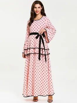 

2019 Fashion Women Sping Autumn Dress O Neck Long Flare Sleeve Polka Dot Dress Pink Loose Vestido Longo