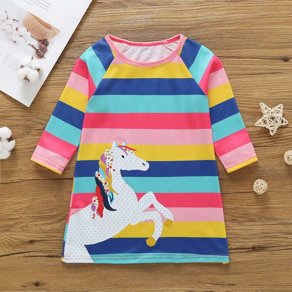 Toddler Kids Baby Girls Infant Horse Animal Cartoon Print Striped Casual Dresses