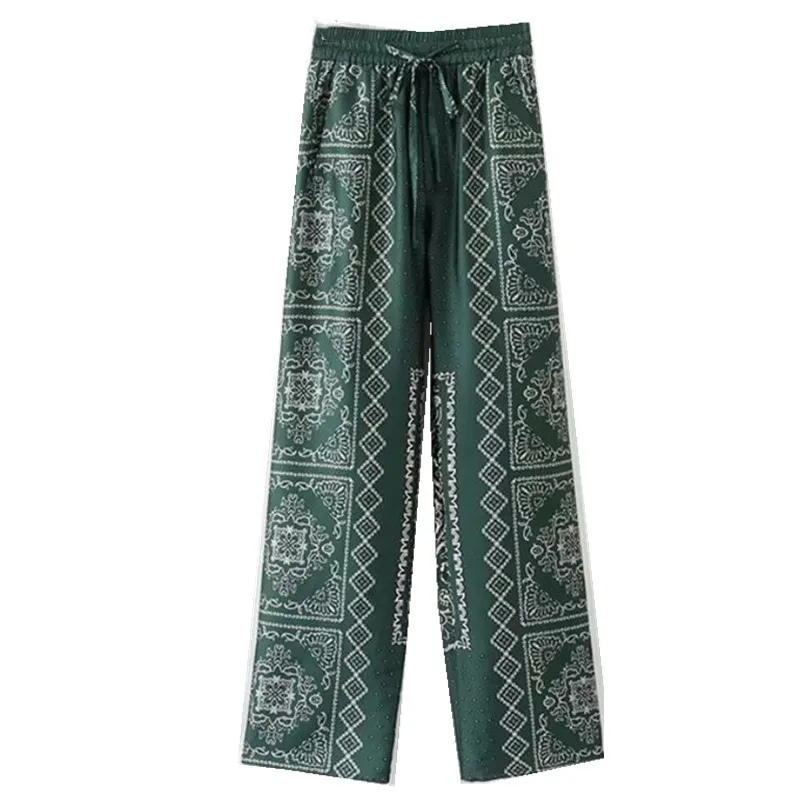 Весенние новые этнические зеленые геометрические клетчатые широкие брюки с принтом женские богемные брюки с высокой талией повседневные свободные длинные брюки - Цвет: Зеленый