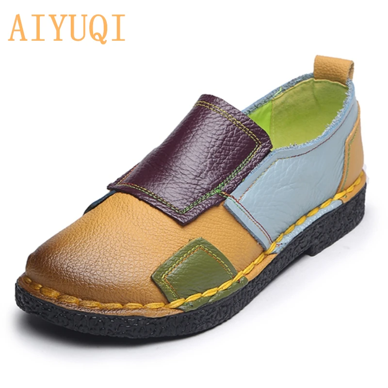 

AIYUQI women flat shoes 2019 autumn new women natural genuine leather casual shoes handmade color matching with women Loafers