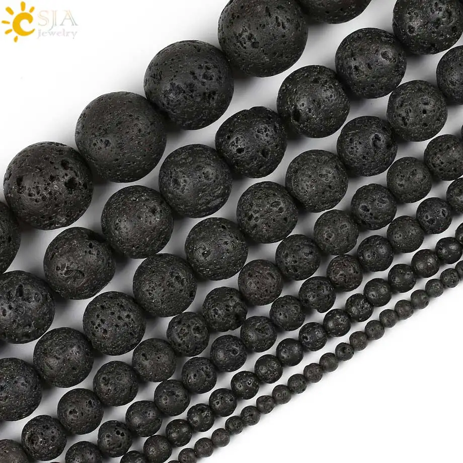 

CSJA DIY Jewelry Making Round Natural Stone Black Lava Beads 4 6 8 10mm 12mm 14mm Volcanic Raw Material Necklace Bracelet E193