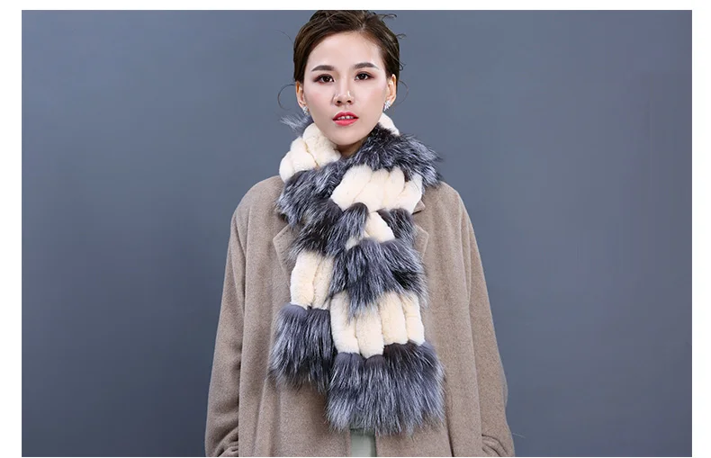 Factory Direct New Real Fur Scarves For Women Handmade Natural Rex Rabbit Fur Scarf With Sliver Fox Fur Wraps (17)