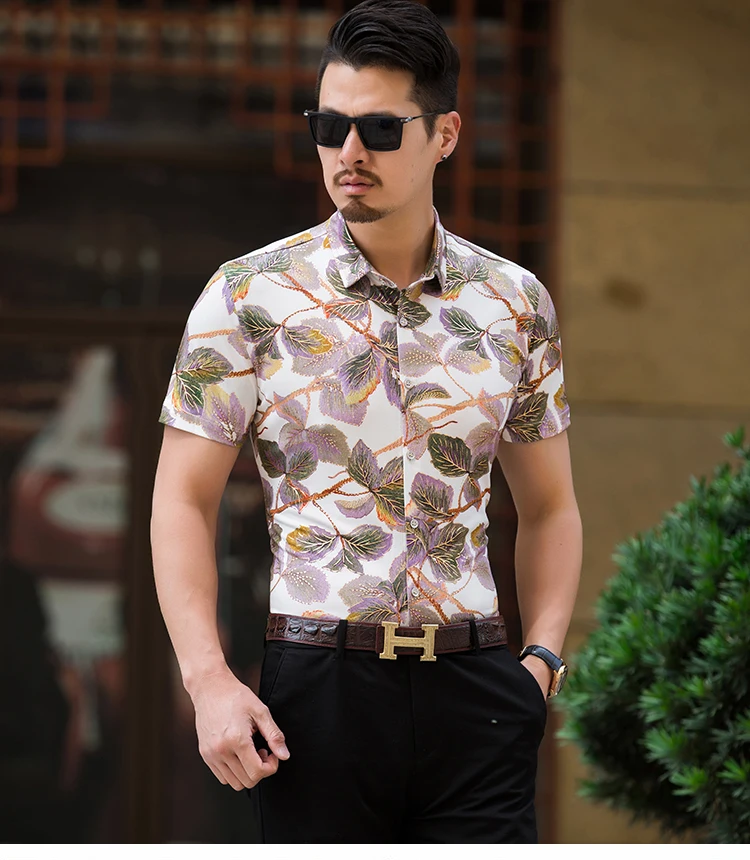 2018 Мужская одежда рубашка лето хлопок короткий рукав рубашки для Для мужчин с цветочным принтом модные эластичные рубашка masculino большой