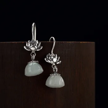 

Real 925 Sterling Silver Lotus Flower Earrings Hook With Natural Stone Jade Thai Silver Vintage Jewelry