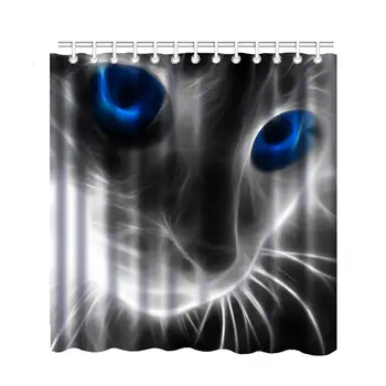 

Novelty Design Fabric Shower Curtain 12 Plastic Hooks Grey Cat Blue Eyes