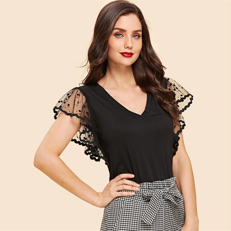 SHEIN винтажная Однотонная футболка в черный горошек с контрастным сетчатым рукавом и v-образным вырезом, женская летняя элегантная Однотонная футболка с коротким рукавом, топы