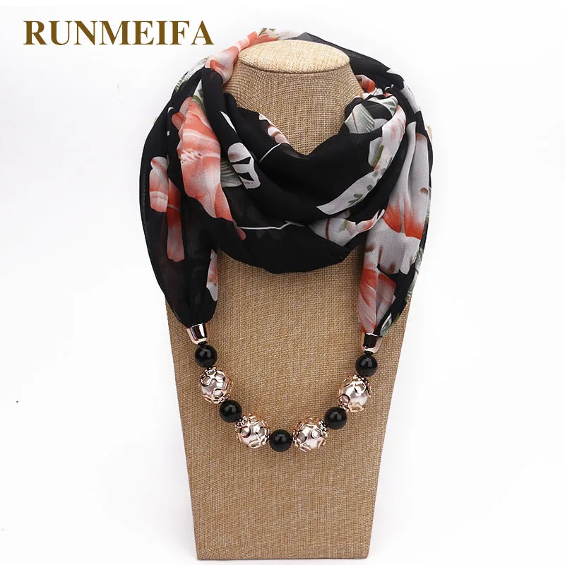 

RUNMEIFA Chiffon Necklace Scarf Muslim Head Scarves Hijab Beads Pendant Decorated Scarf Print Women Scarf Spring/Autumn