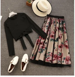 Amolapha, женская футболка с длинным рукавом, топы+ сетчатые юбки с цветочным принтом, комплекты, короткие стильные однотонные футболки, элегантный костюм с юбкой для женщин - Цвет: Черный