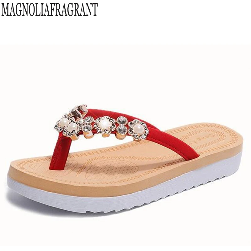

Summer Fashion Women's Slippers Beading Anti-Slip Wedge Sandals Indoor Outdoor Thong Mid Heels Platform Slippers Flip-flops c499