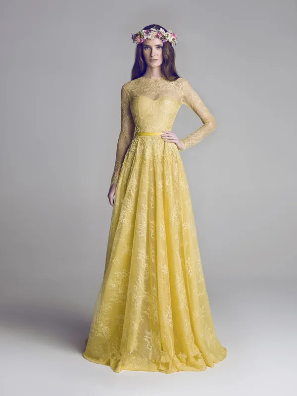 2017 Modest Yellow Sheer Long Sleeves Evening Gowns custom Made O neck