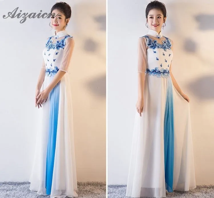 Модные синие Cheongsam Qipao Для женщин длинные традиционное китайское ...