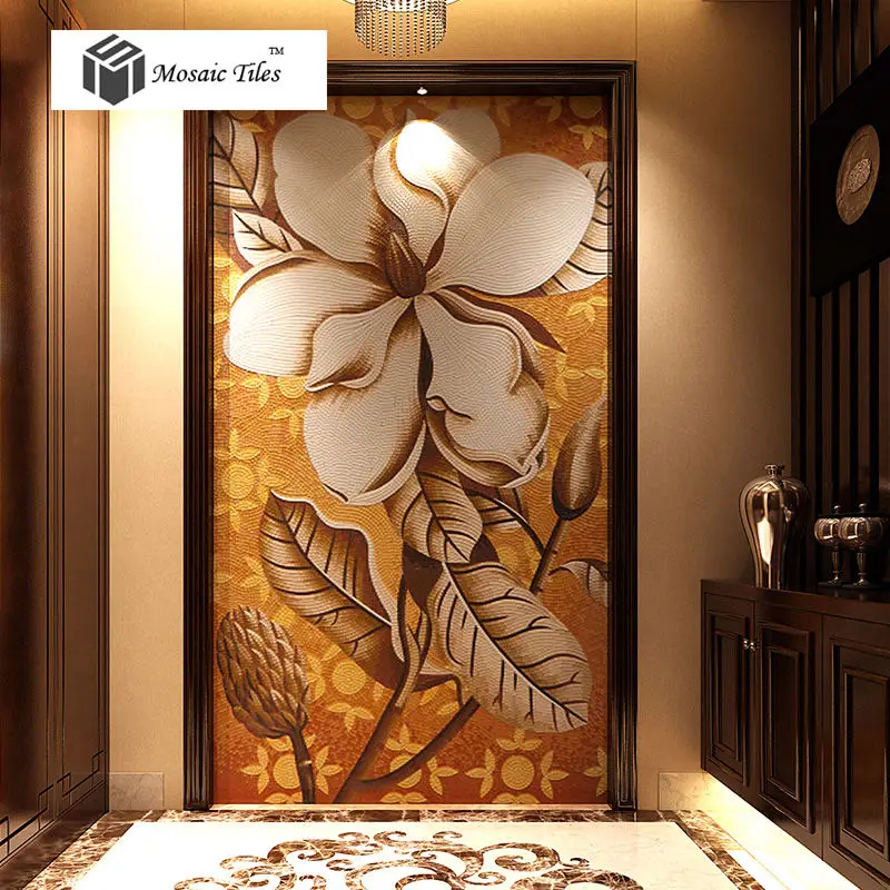 

Glass mosaic mural Decor art crafts customized Hibiscus background wall mosaics white flower tiles