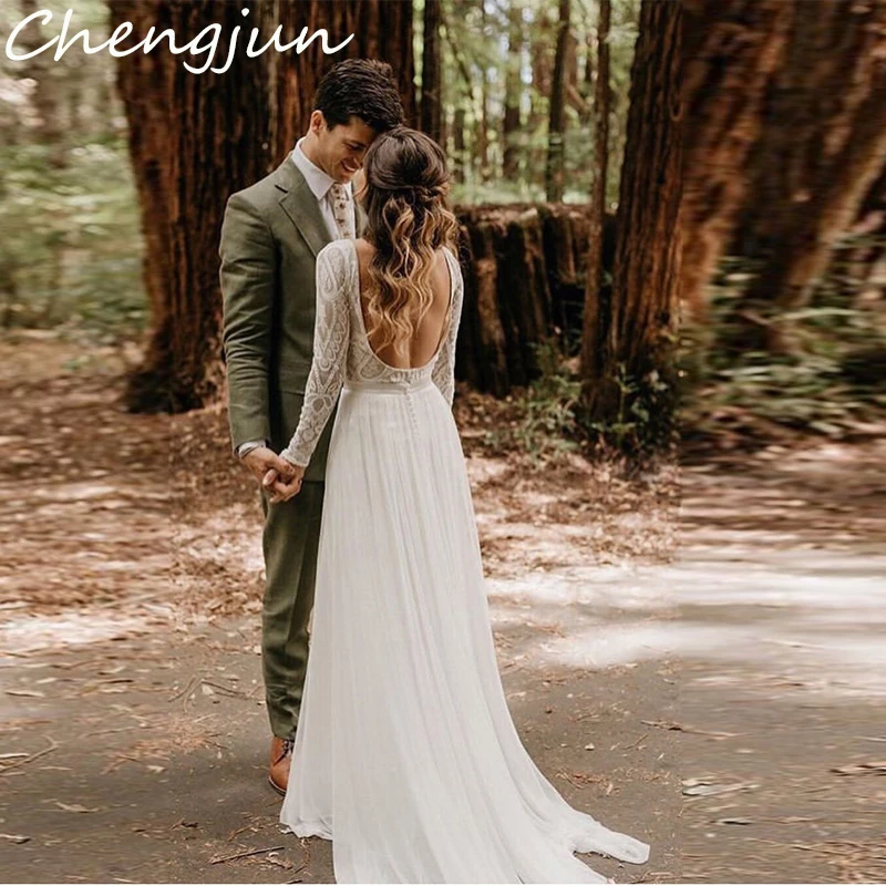 Chengjun Bare Back Long Sleeves Lace Chiffon Beauty Beach Boho Wedding Dress | Свадьбы и торжества