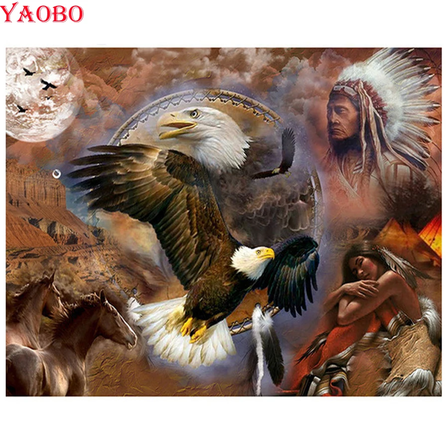 

Full square round Diamond Painting Native Indian man eagle DIY 3D Diamond Embroidery Cross Stitch Mosaic Picture by Numbers