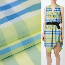 Синяя, белая, желтая клетчатая ткань с принтом, Смешанная шелково-хлопковая ткань 10momme 140 см ширина, SCT294