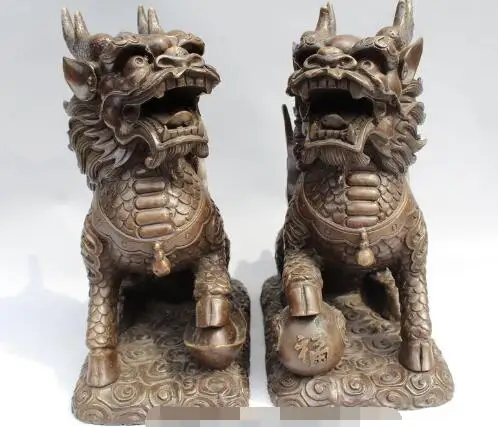 

S2778 11"Chinese Fengshui Bronze Guardian Beast Animal PiXiu kylin Unicorn Statue Pair