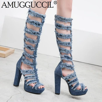 

2020 New Plus Big Size 33-43 Black Blue Zip Fashion Sexy High Heel Platform Summer Female Lady Women Gladiator Sandals L1066